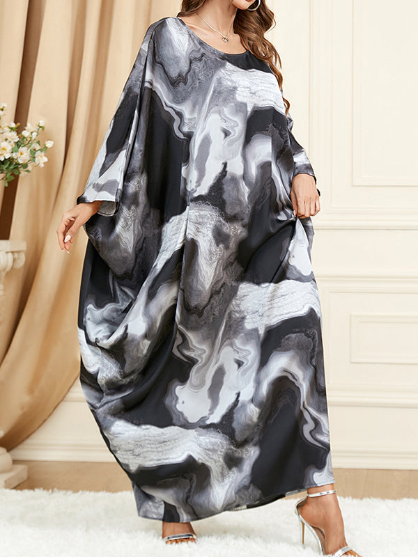 Batwing Sleeves Long Sleeves Contrast Color Printed Round-neck Maxi Dresses
