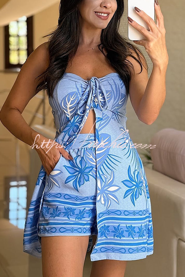 Print Bandeau Drawstring Top and Elastic Waist Pocket Shorts Set