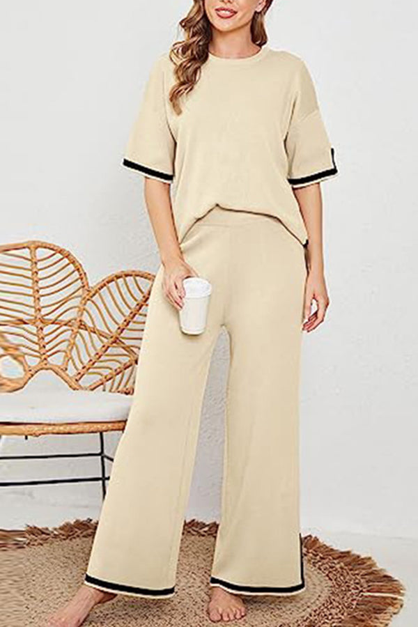 Lounge or Wear Knit Patchwork Color Block Short Sleeve Top and Elastic Wide Leg Pants
