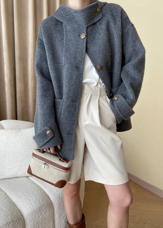 Wool-blend Buttoned Coat With Stand Collar
