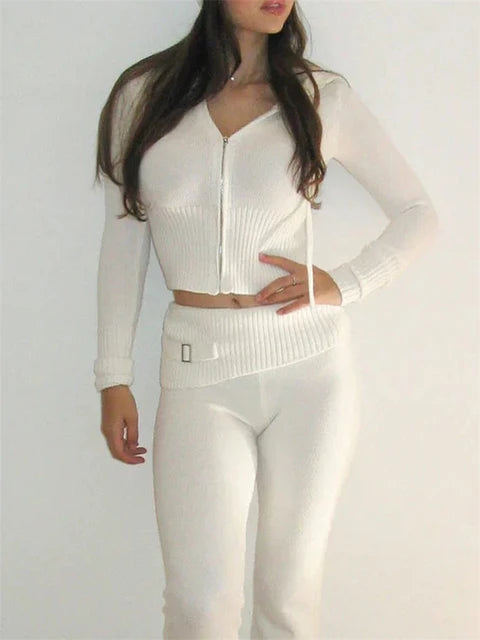 Knit 2-piece Set: ’s Hoodie Tracksuit & Crop Top Knitwear Pants