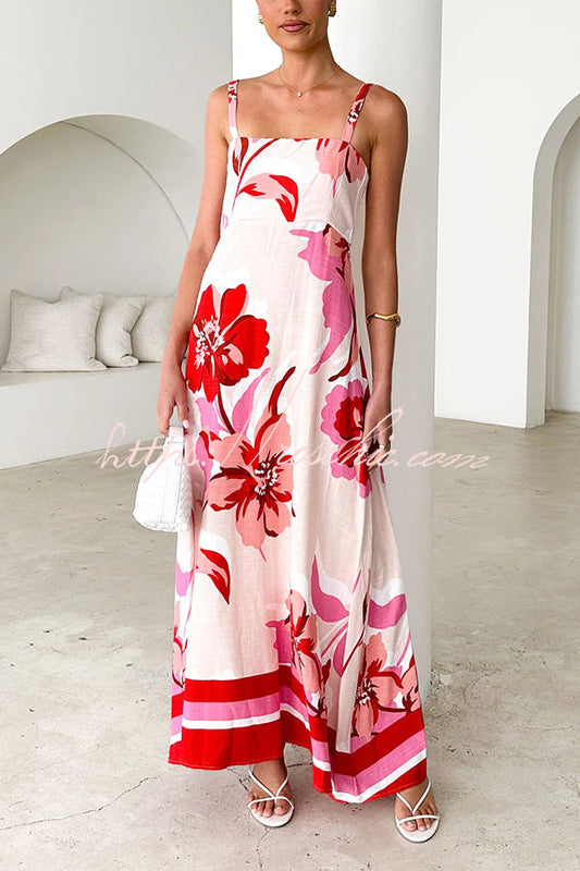 Print Strap Square Neck Large Hem Maxi Dress