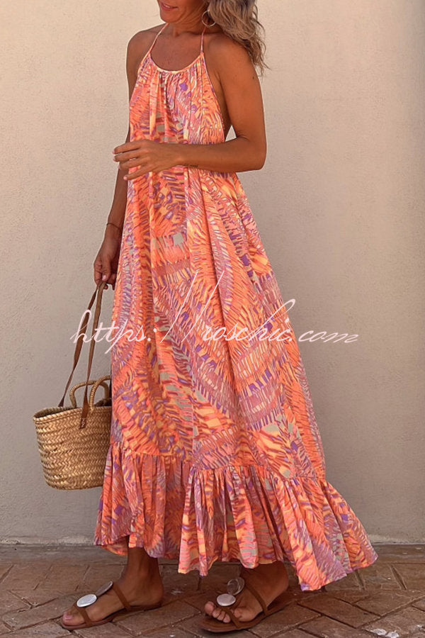 Sunita Print A-line Halter Tassel Vacation Maxi Dress