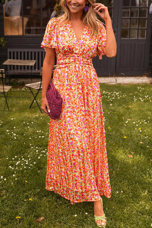 Print V-neck Short Sleeve Waist Maxi Dress