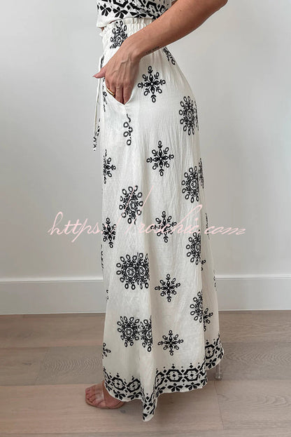 Unique Printed Round Neck Sleeveless Button Top and Elastic Waist Pocket Wide Leg Pants Set