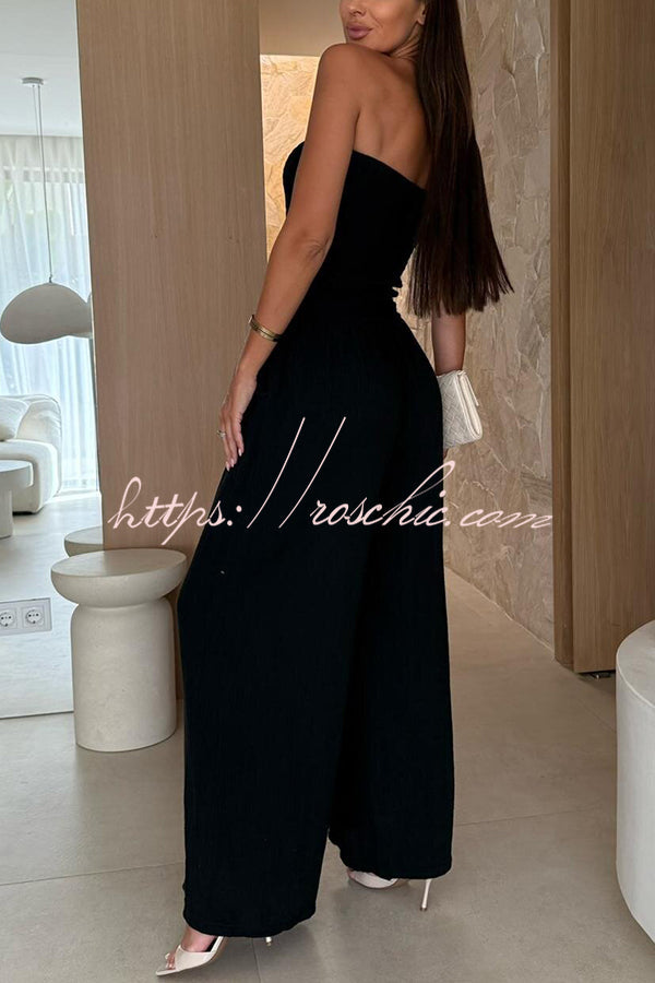 Linen Blend Color Off-the-shoulder Pleated Pocket Wide-leg Jumpsuit