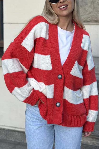 V-neck Long-sleeved Striped Pocket Knitted Cardigan