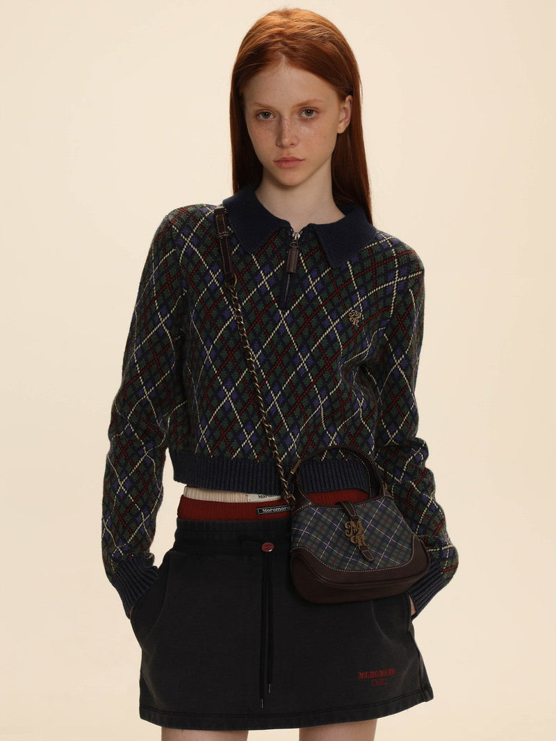 Argyle Polo-neck V-neck Feminine Sweater
