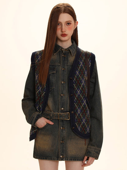 Argyle Polo-neck V-neck Feminine Sweater