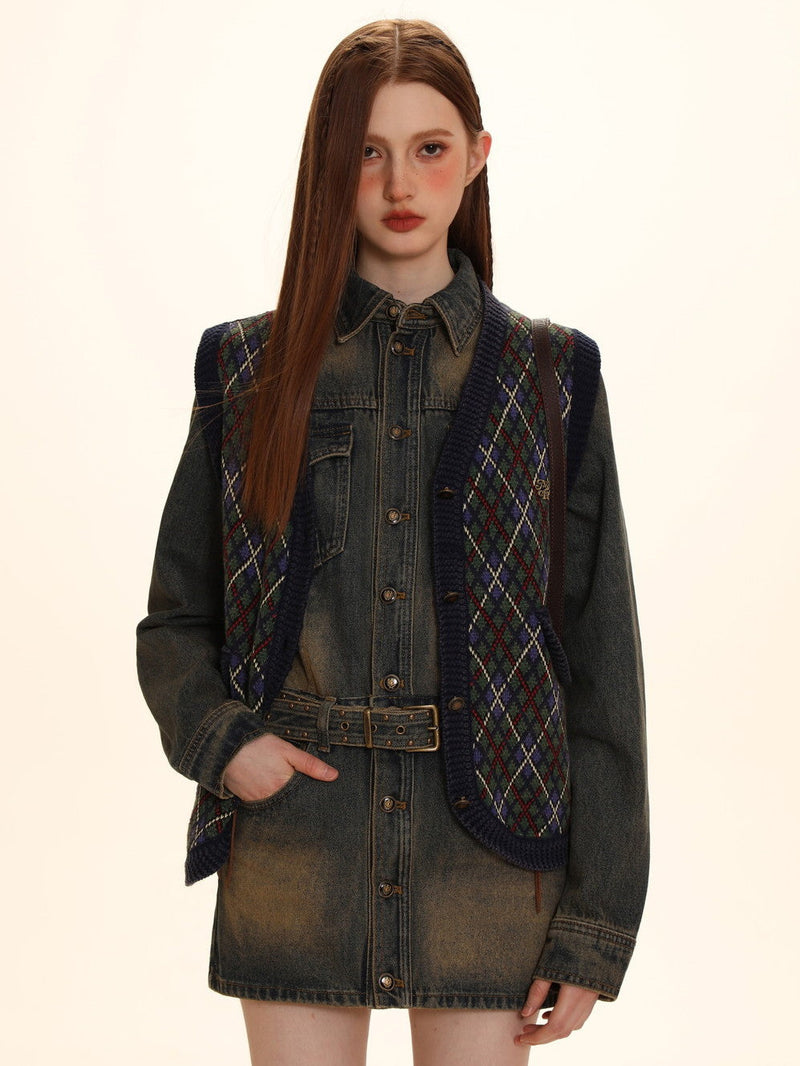 Argyle Polo-neck V-neck Feminine Sweater