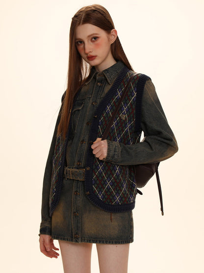 Argyle Polo-neck V-neck Feminine Sweater