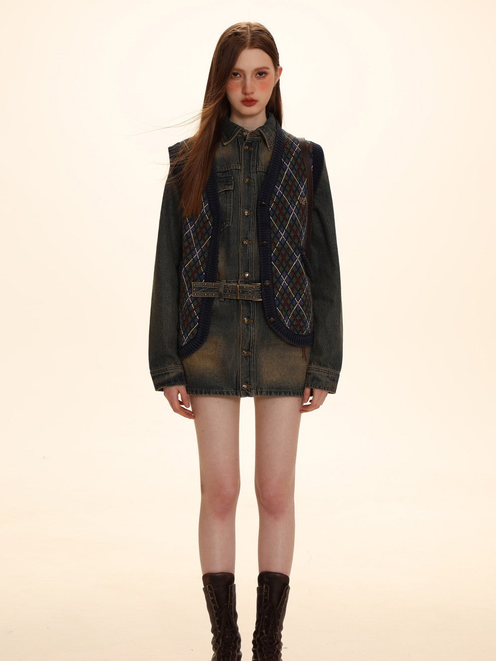 Argyle Polo-neck V-neck Feminine Sweater