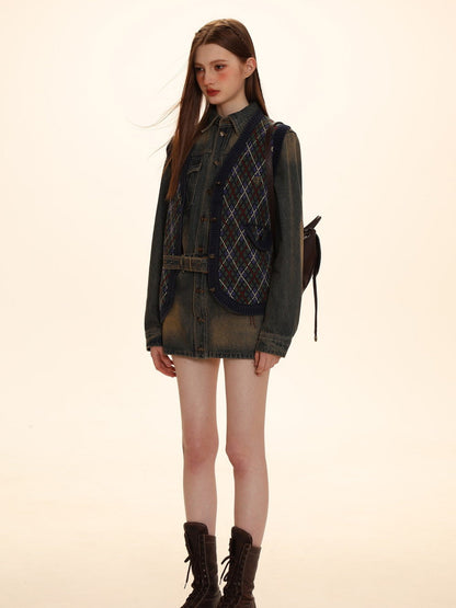 Argyle Polo-neck V-neck Feminine Sweater