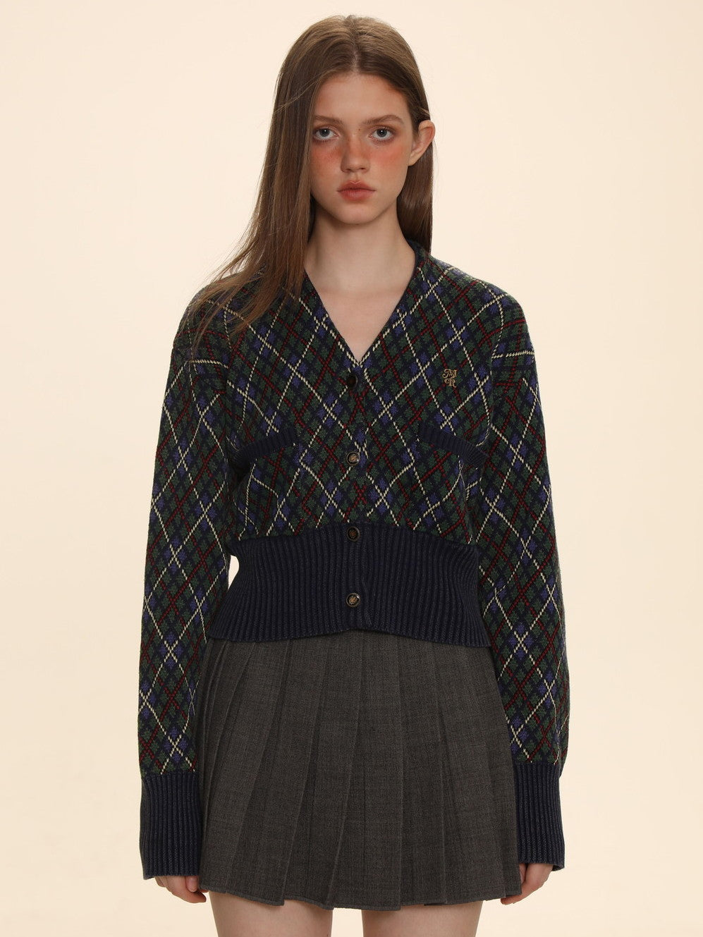 Argyle Polo-neck V-neck Feminine Sweater
