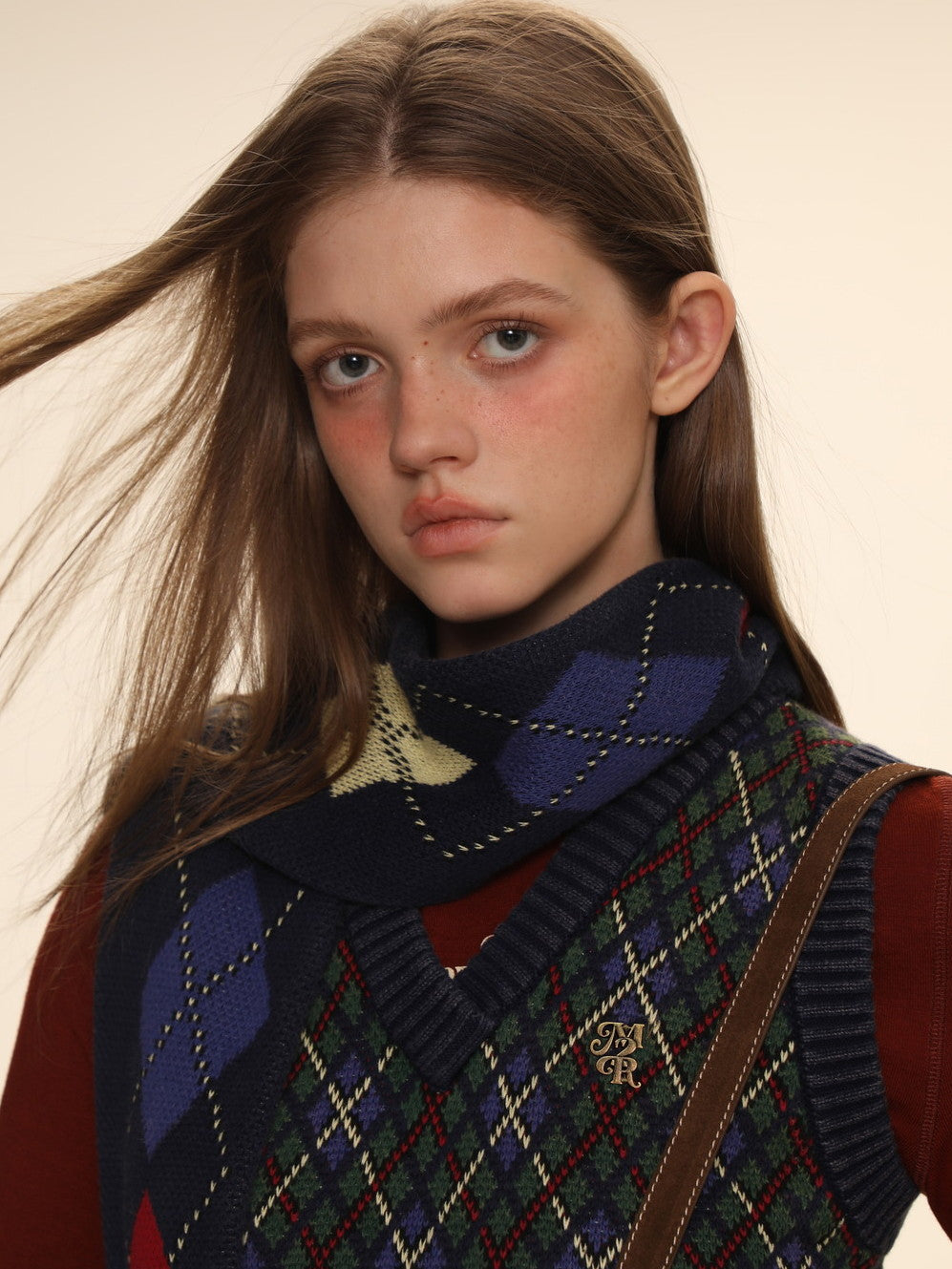 Argyle Polo-neck V-neck Feminine Sweater