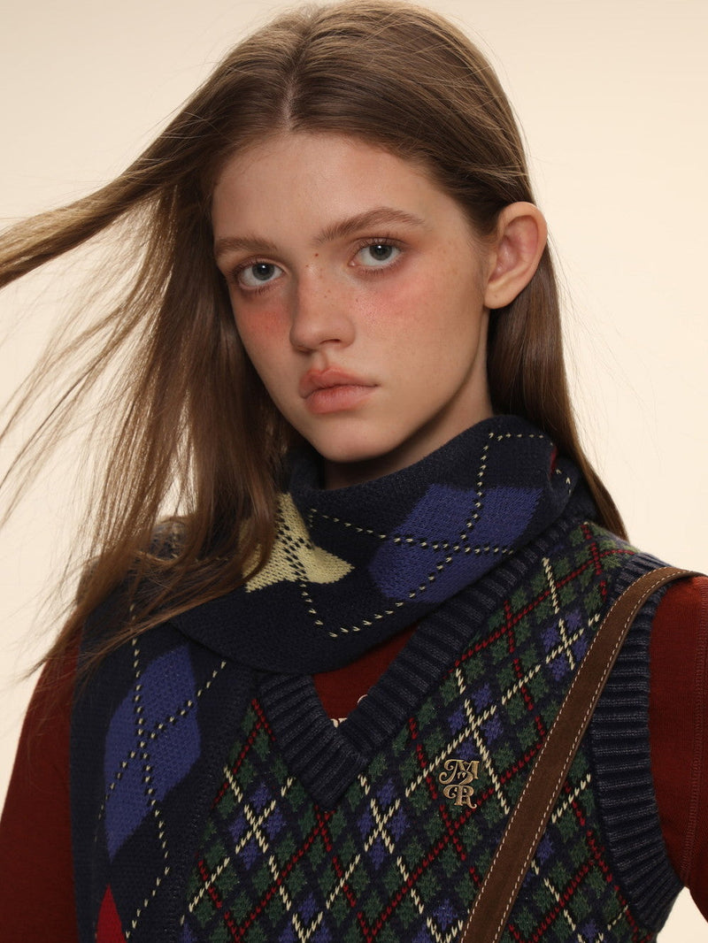 Argyle Polo-neck V-neck Feminine Sweater