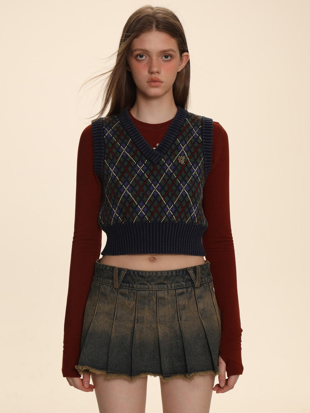 Argyle Polo-neck V-neck Feminine Sweater