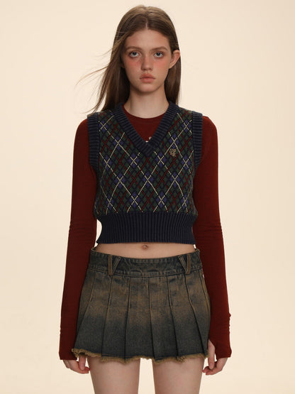 Argyle Polo-neck V-neck Feminine Sweater