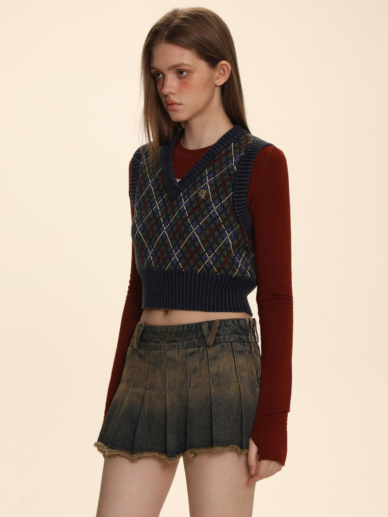 Argyle Polo-neck V-neck Feminine Sweater