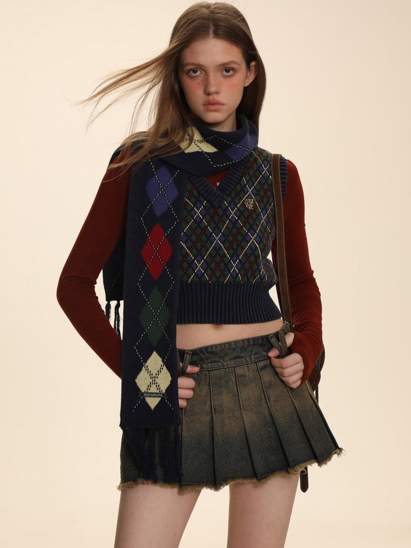 Argyle Polo-neck V-neck Feminine Sweater