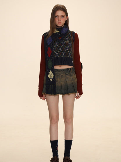Argyle Polo-neck V-neck Feminine Sweater