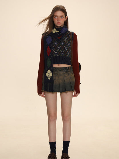 Argyle Polo-neck V-neck Feminine Sweater