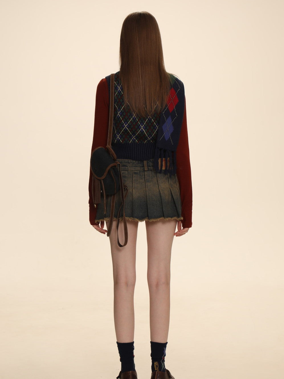 Argyle Polo-neck V-neck Feminine Sweater