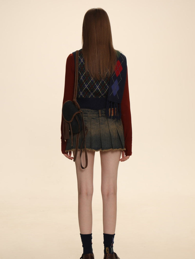 Argyle Polo-neck V-neck Feminine Sweater