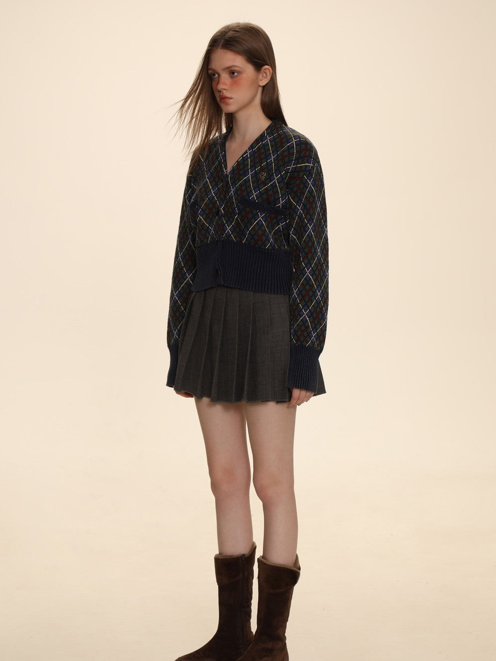 Argyle Polo-neck V-neck Feminine Sweater