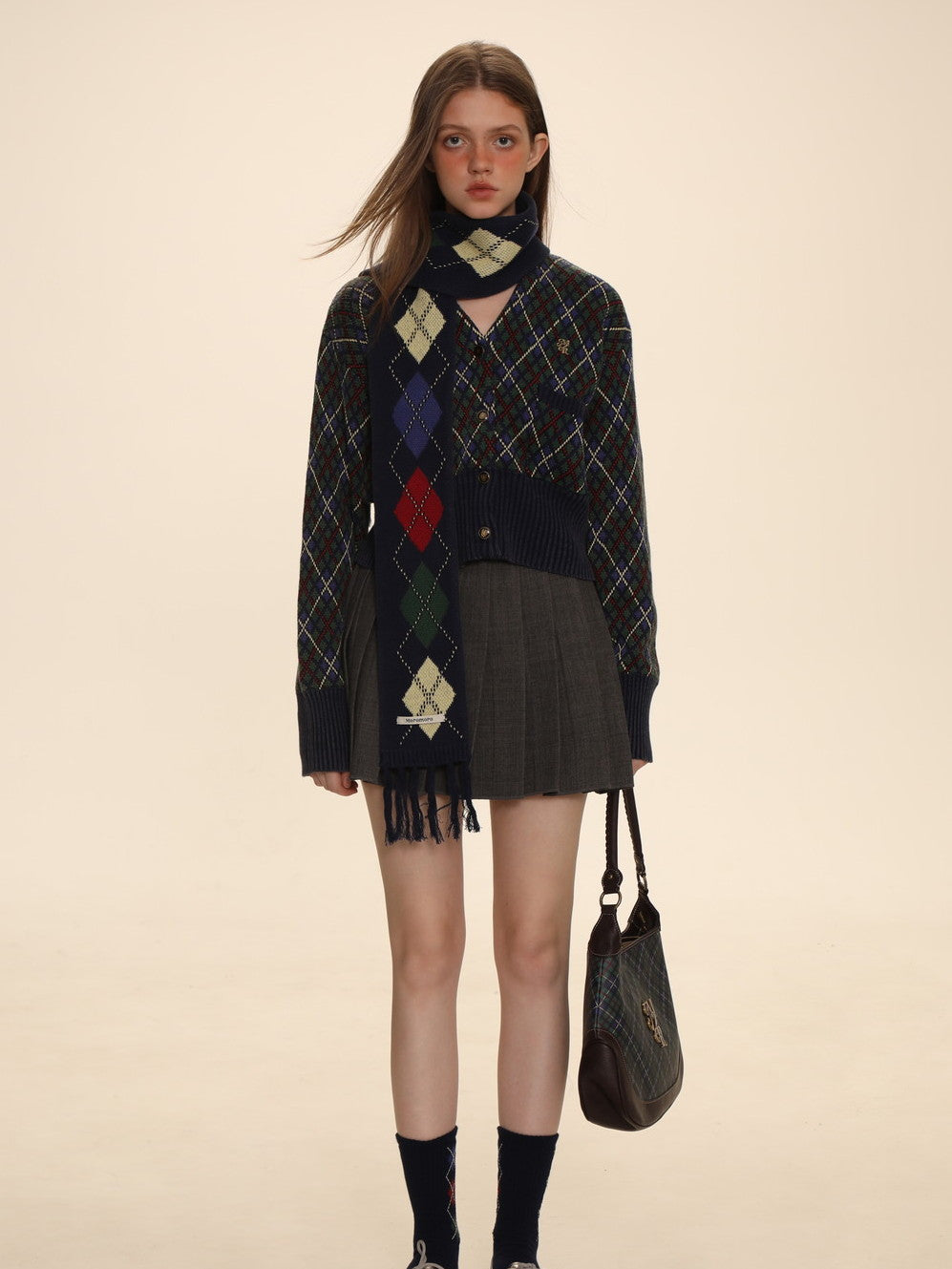Argyle Polo-neck V-neck Feminine Sweater