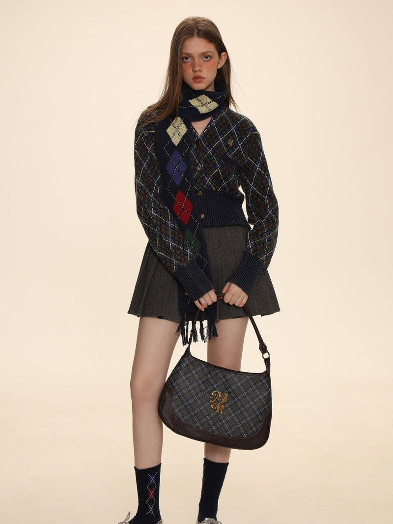 Argyle Polo-neck V-neck Feminine Sweater