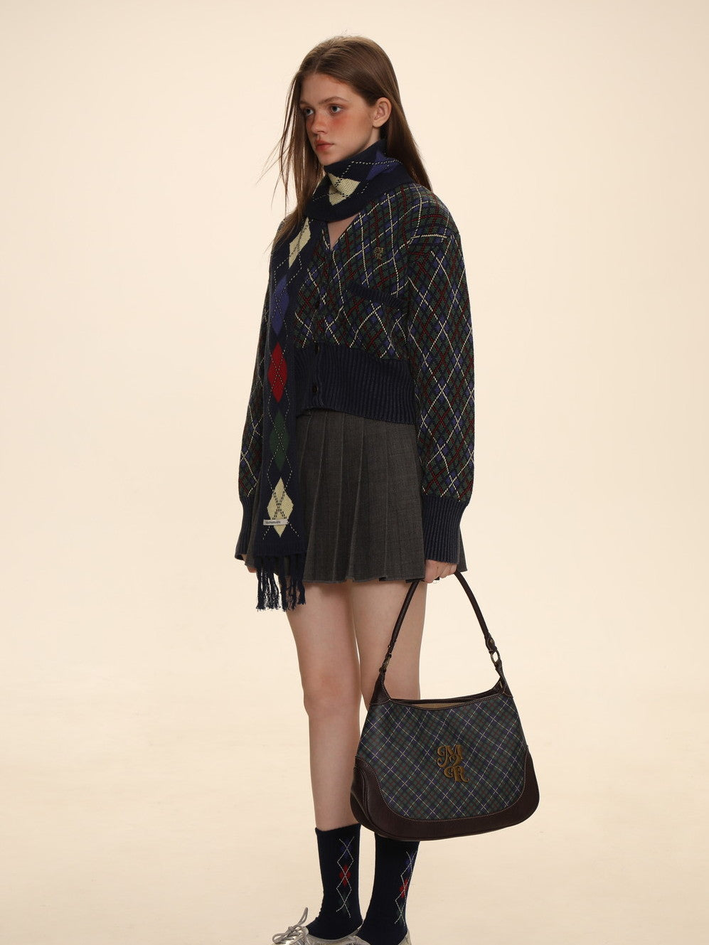 Argyle Polo-neck V-neck Feminine Sweater
