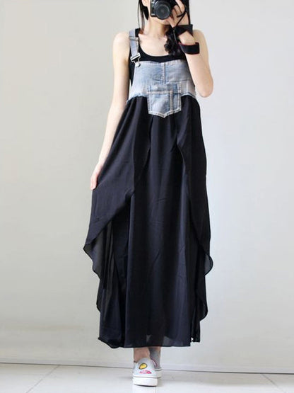 Irregularity Loose Falbala Split-joint Spaghetti-neck Maxi Dresses