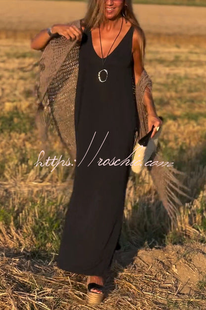 Color V-neck Sleeveless Loose Maxi Dress