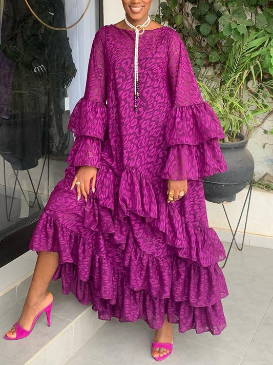 Flared Sleeves Loose Falbala Color Round-neck Maxi Dresses