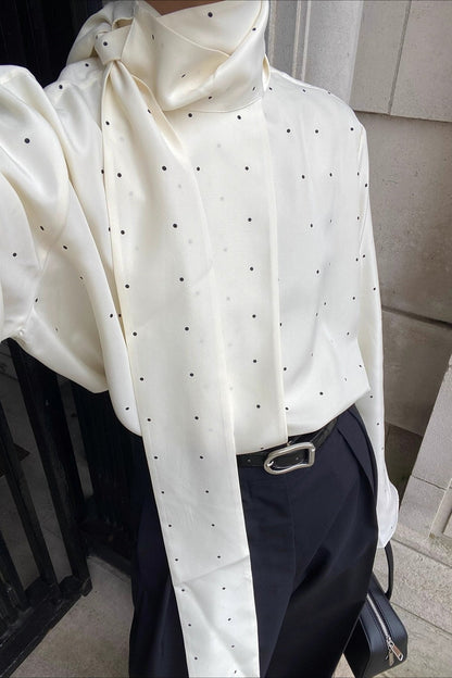 Polka Dot Ribbon-tie Loose Long-sleeve Blouse