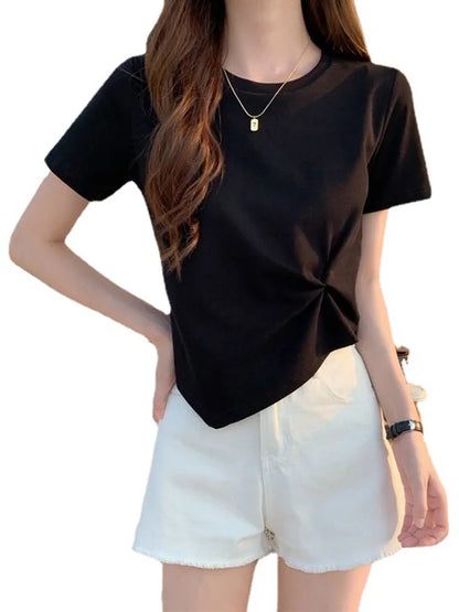Y2k Irregular T-shirt Summer Skinny T Shirt Femme Short Sleeve Korean Kpop Slim O-neck Tshirt Woman Clothes Top