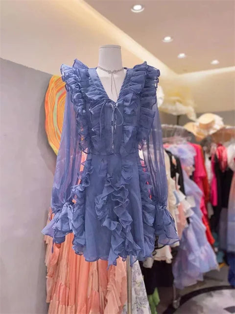 V-neck Lace-up Ruffled Mini Dress – Summer Mesh Bandage High Waist Party Gown