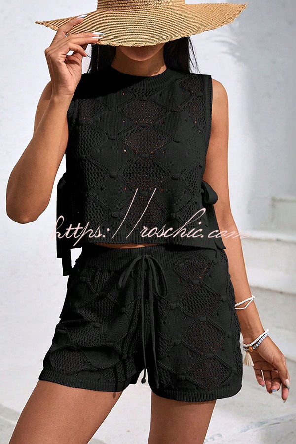 Color Sleeveless Tie Knitted Vest and Loose Elastic Waist Drawstring Shorts Set