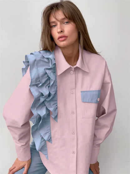 Ruffled Patchwork Shirts for Pocket Lapel Long Sleeve Cardigan Contrast Female Blouse Y2k Top