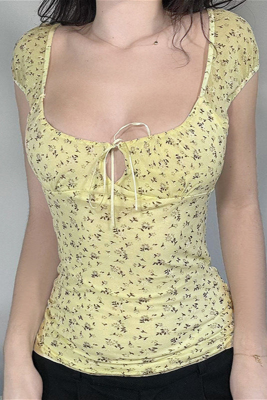 Cutout Tie Waist Yellow Blouse