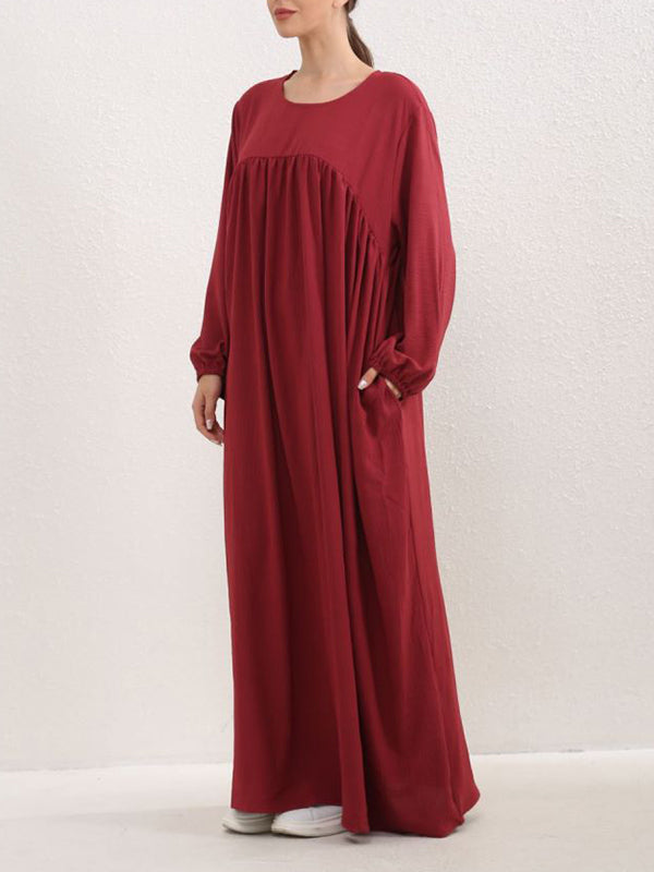 Long Sleeves Loose Pleated Color Split-joint Round-neck Maxi Dresses