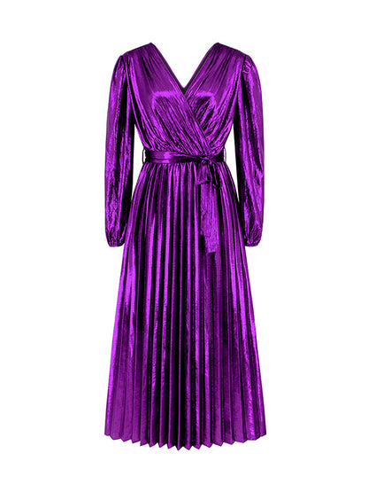 High Waisted Long Sleeves Bronzing Elasticity Pleated Color Tied Waist Deep V-neck Maxi Dresses