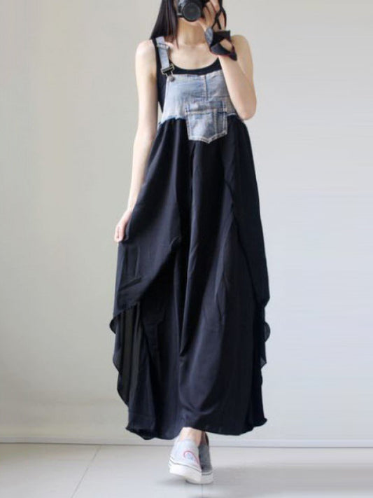 Irregularity Loose Falbala Split-joint Spaghetti-neck Maxi Dresses