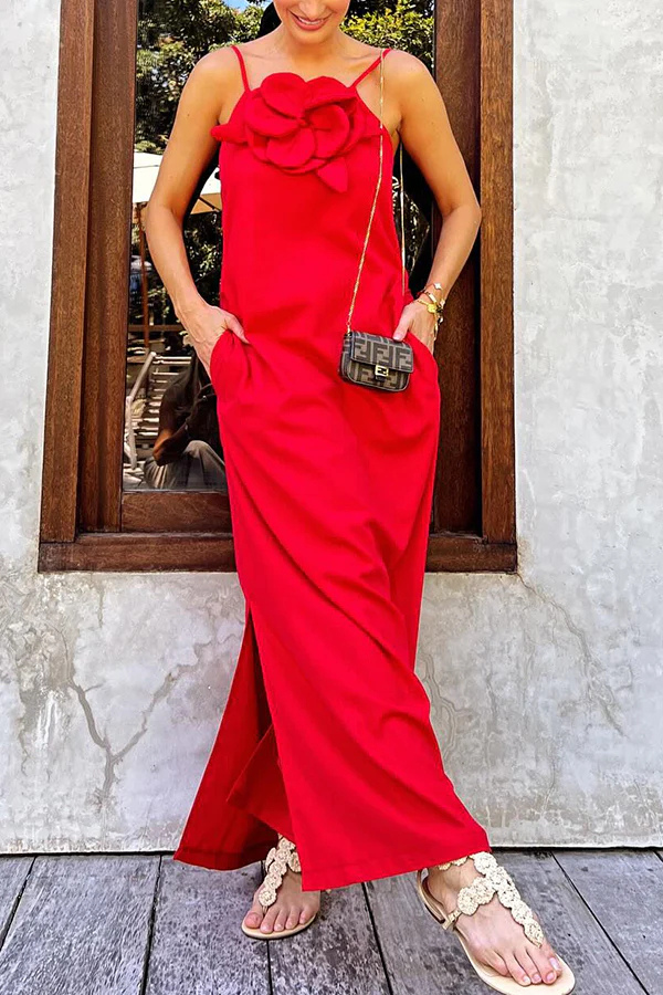 Vacay Ready Linen Blend Embellishment Pocketed Slit Maxi Dress