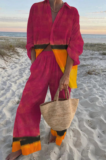 Sunset Ombre Print Oversized Shirt and Elastic Waist Pocket Pants Set