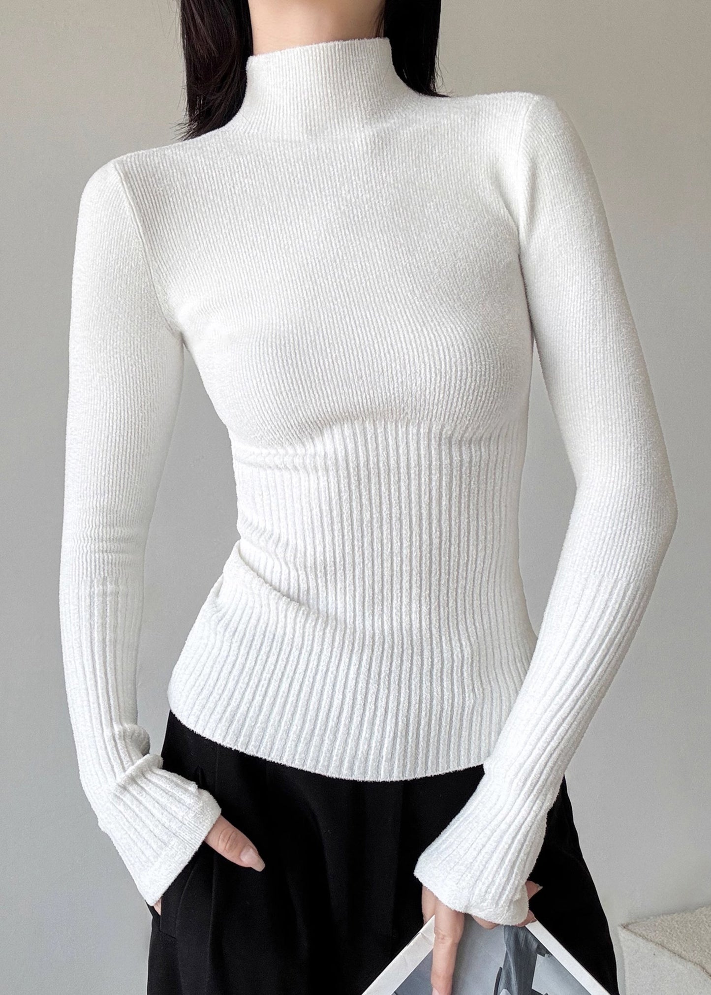 Slim Fit Brown Hign Neck Patchwork Knit Sweaters Winter Rv039