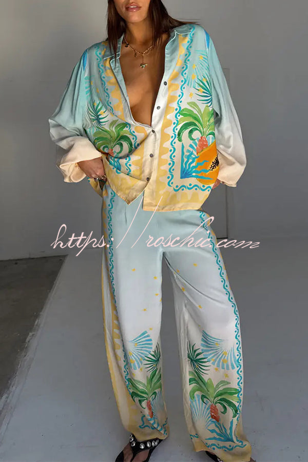 See You in Rio Tropical Fruits Print High Rise Elastic Waist Wide Leg Pants