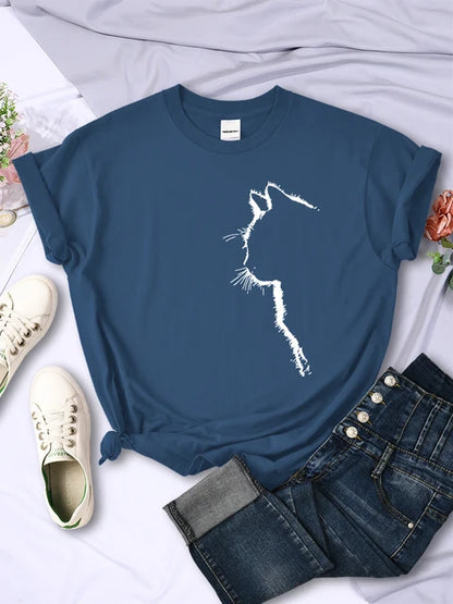 Simple Strokes of Cat Funny Printed T-shirt Short Sleeve O-neck Personality Street Tee Clothing Summer Tops
