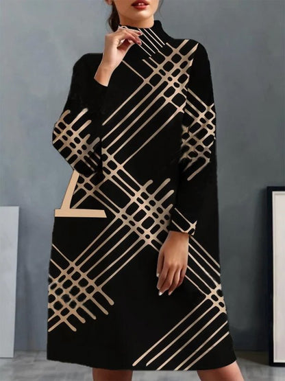 A-line Long Sleeves Pockets Printed High Neck Mini Dresses